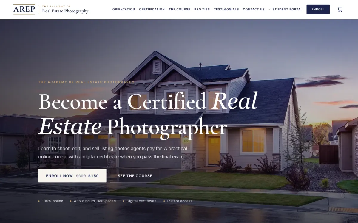The The Academy of Real Estate Photography home page on a desktop screen, captured October 15, 2026