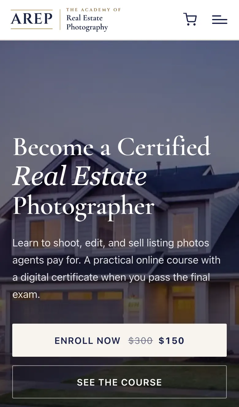 The The Academy of Real Estate Photography home page on a phone